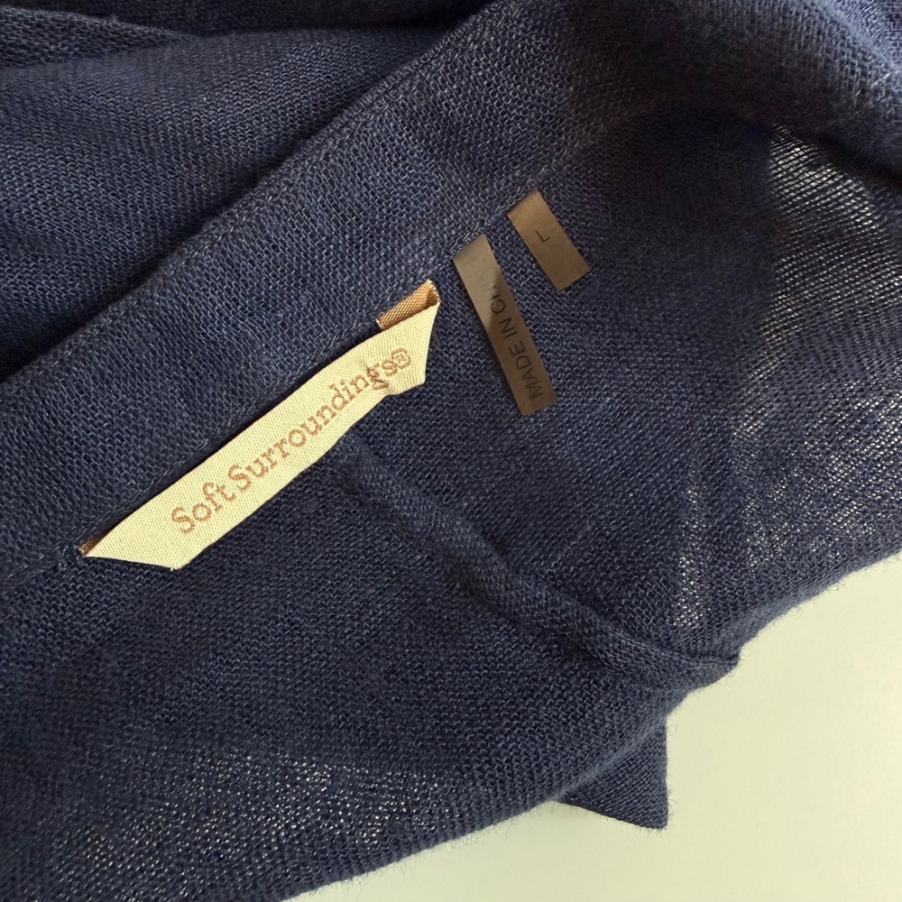 Soft Surroundings Linen Kimono Cardigan Large Navy Sheer Coastal Lagenlook Boho - Picture 9 of 13